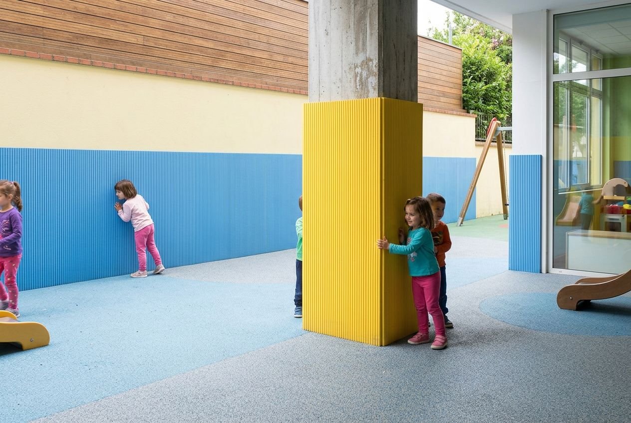 Enfance et jeux en intérieur: enfants jouent près d’un pilier jaune, mur bleu et sol souple, aire de jeux idéale pour jardin ou école. idée aire de jeux
