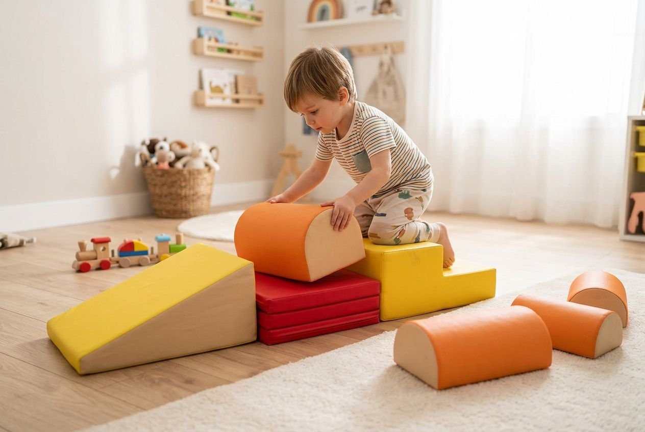 Enfant en bas âge explorant des blocs mousses colorés assemblés au sol, pratique une activité psychomotricité fine maternelle.