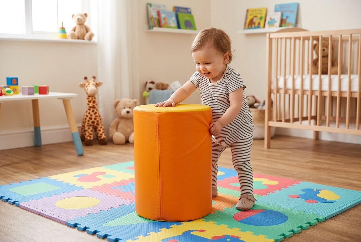 Enfant en bas âge se tenant debout près d’un grand cylindre orange sur tapis coloré, dans une chambre d’enfant aménagée pour l’éveil et les jeux. activité psychomotriques 0 2 a