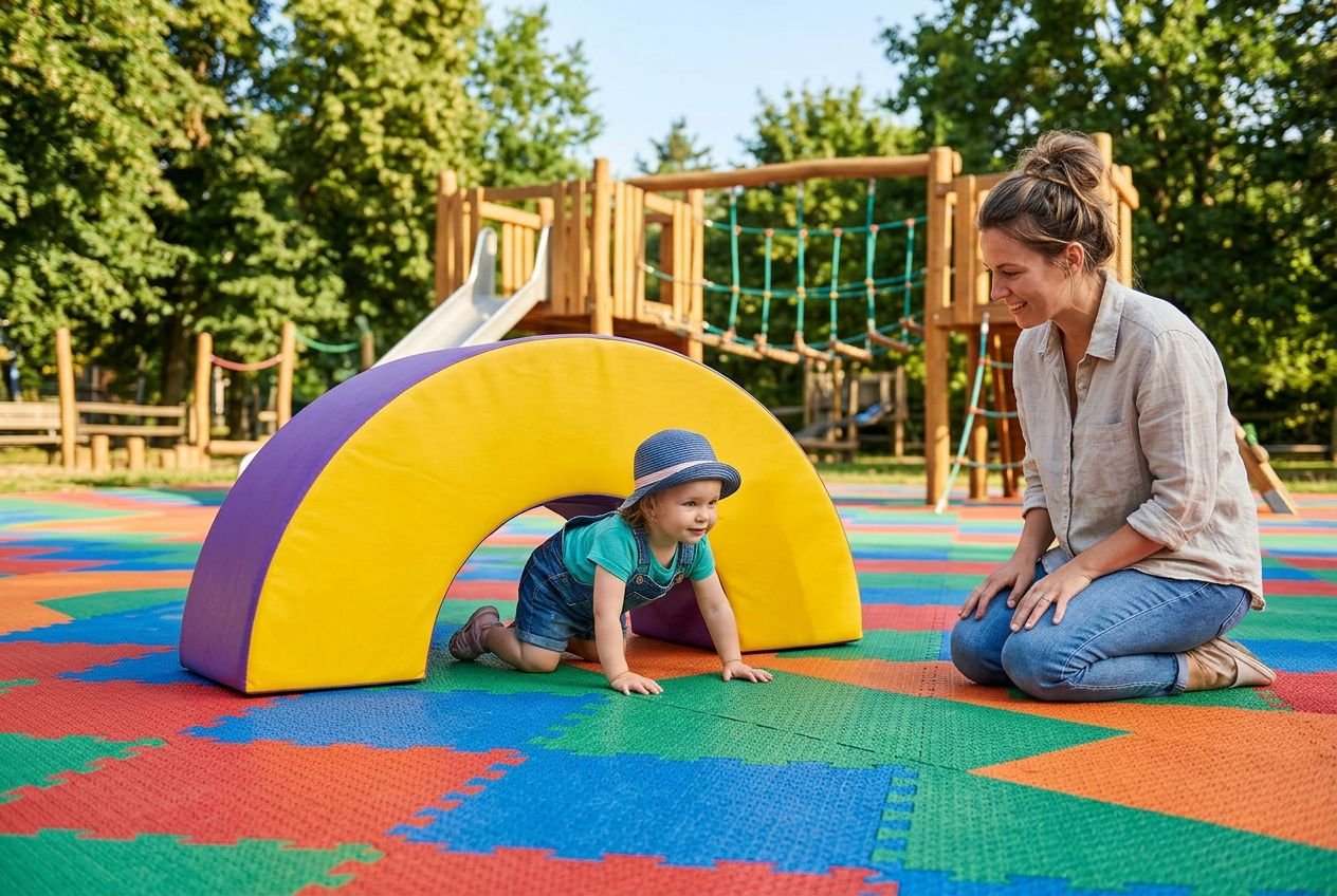 Enfant explorant un tunnel en mousse jaune et violet sur sol ludique coloré, encadré par une mère assise, aire de jeux extérieur aménagée avec structure en bois au fond.