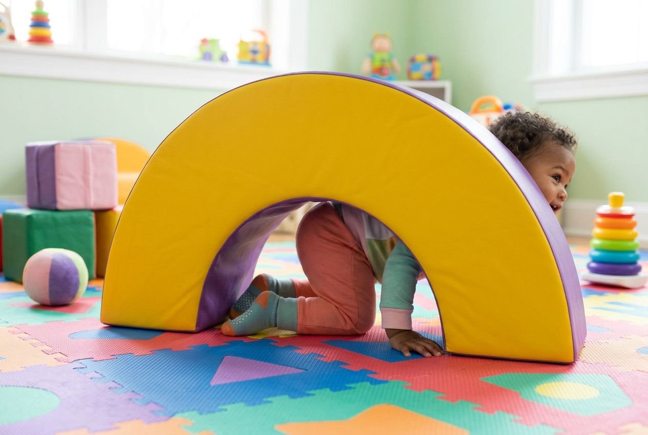 Enfant qui explore un tunnel souple jaune et violet, jeux d’éveil sur un tapis coloré, dans une salle de jeux pour enfants. Développer la motricité fine chez un enfant.