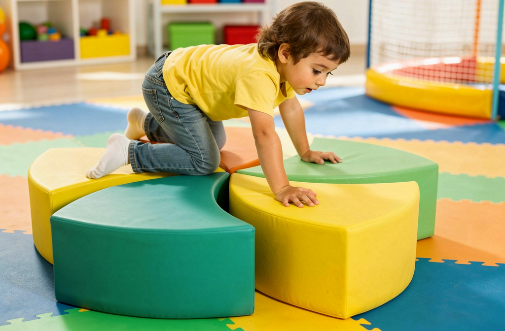 Enfant grimpe sur des modules de motricité colorés en mousse, sur un tapis puzzle, dans une aire de jeux intérieure. parcours motricité enfant interieur intégré.
