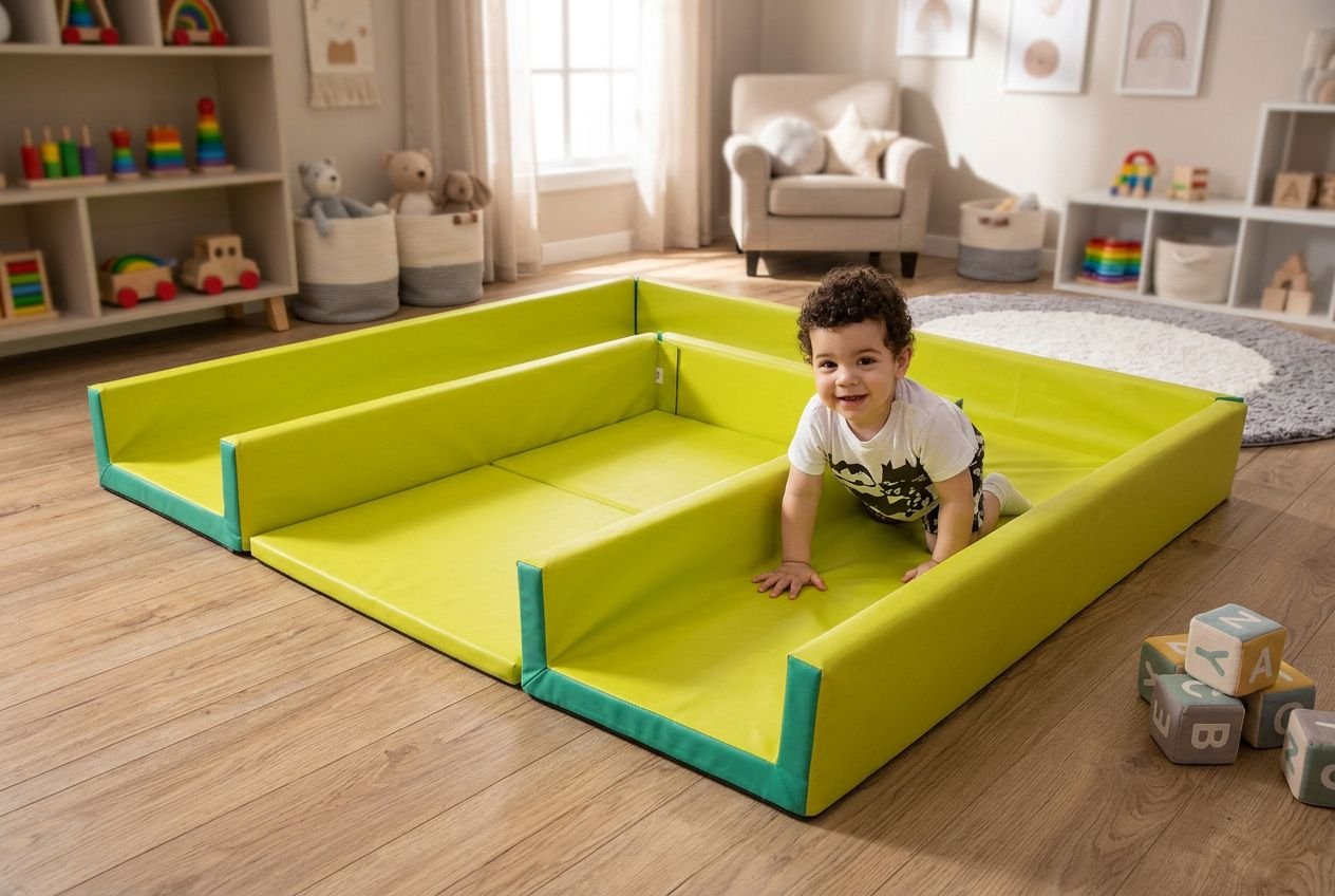 Enfant jouant dans une aire de jeux douillette et rembourrée, cadre intérieur lumineux et aménagé avec rangements et jouets visibles.