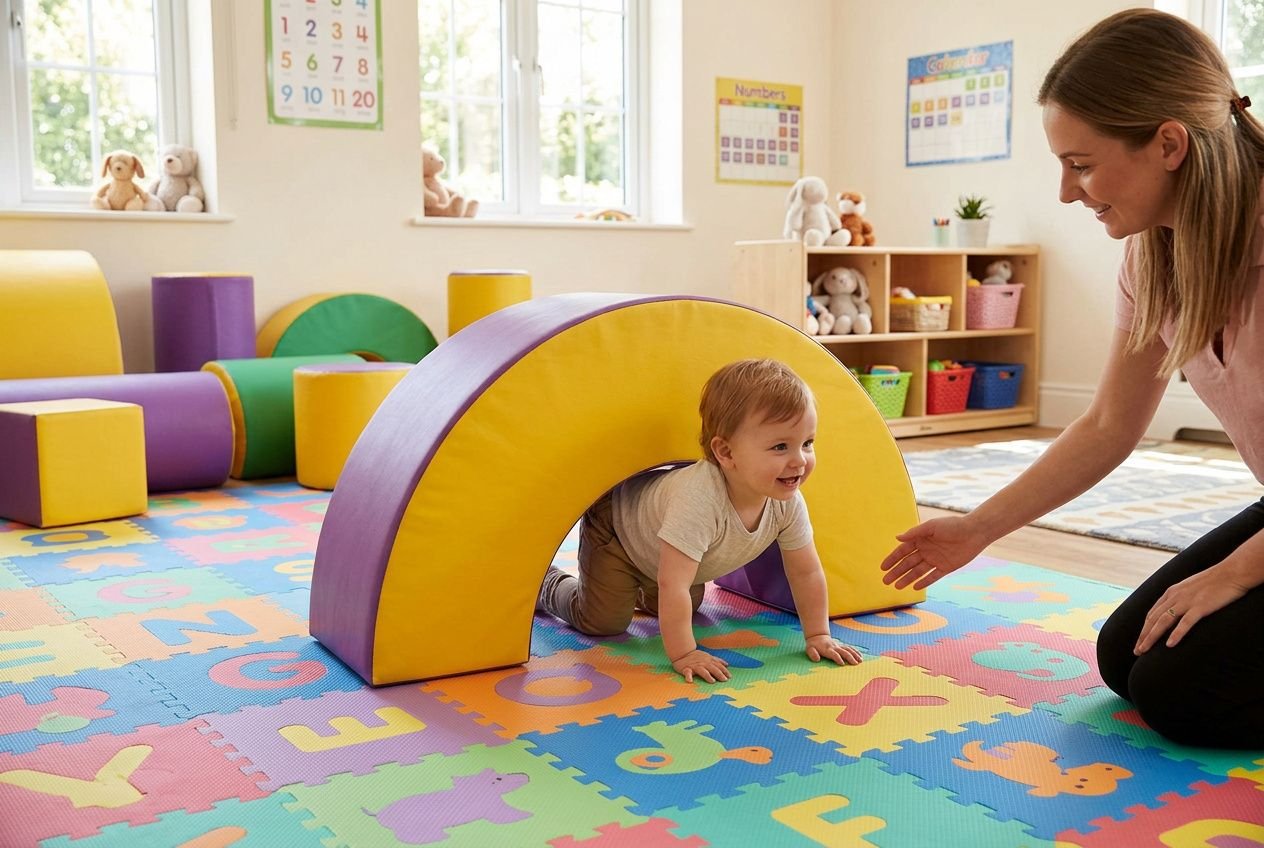 Enfant petit explore un tunnel de motricité coloré, encouragé par une éducatrice dans une salle de jeux sécurisée et lumineuse. équipement motricité petite enfance est utilisé.
