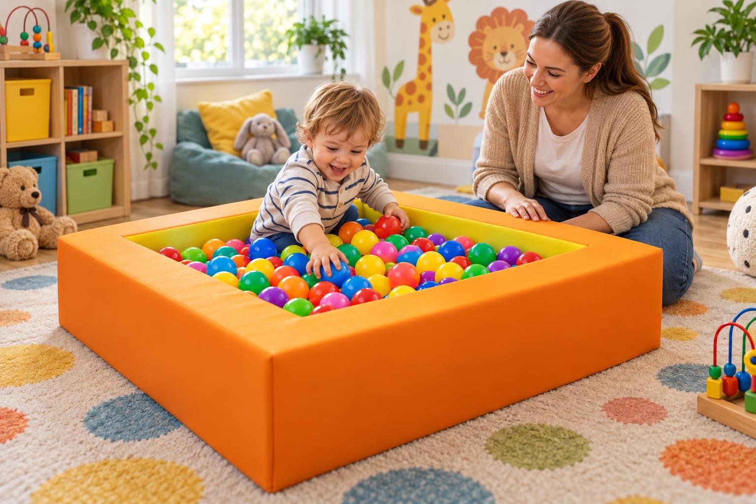Enfant dans une piscine à balles orange remplie de billes colorées, entouré d’une professionnelle souriante dans une salle de