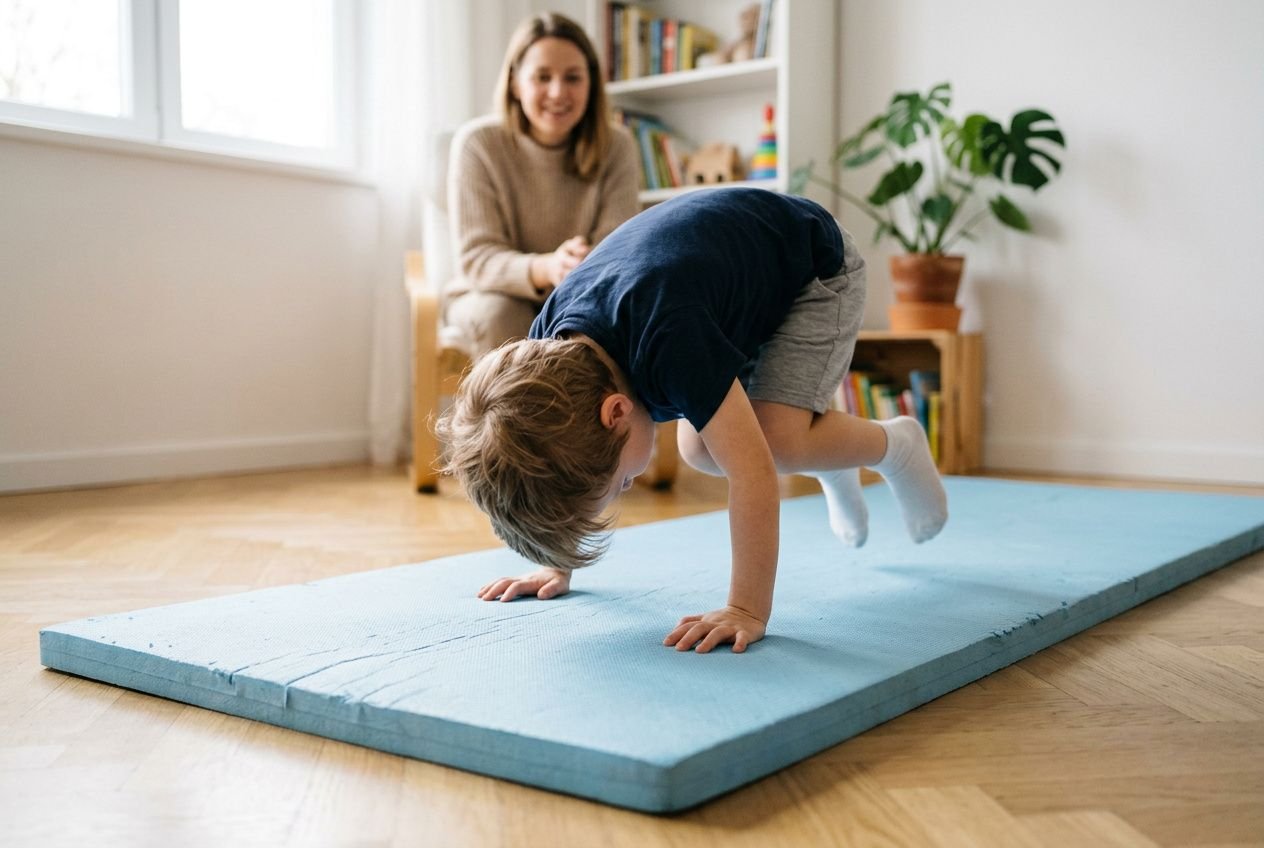 Enfant pratiquant la roulade sur un tapis de gym