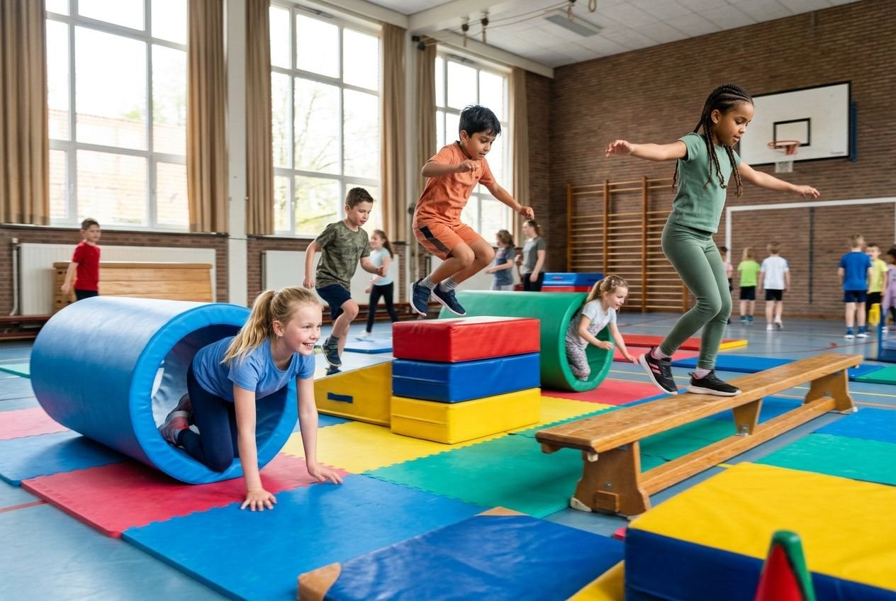 Enfants en activité motricité globale dans une salle de gym: parcours avec tapis colorés, tunnels et obstacles surélevés, kids sautant et avançant en équilibre. activité motricité globale 6 12 a est illustrée.