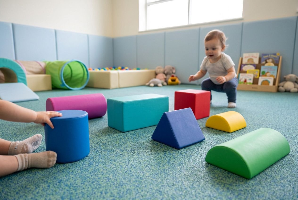 Enfants en bas âge jouant dans une aire de jeux maternelle colorée avec des modules géométriques rembourrés et tapis bleu.