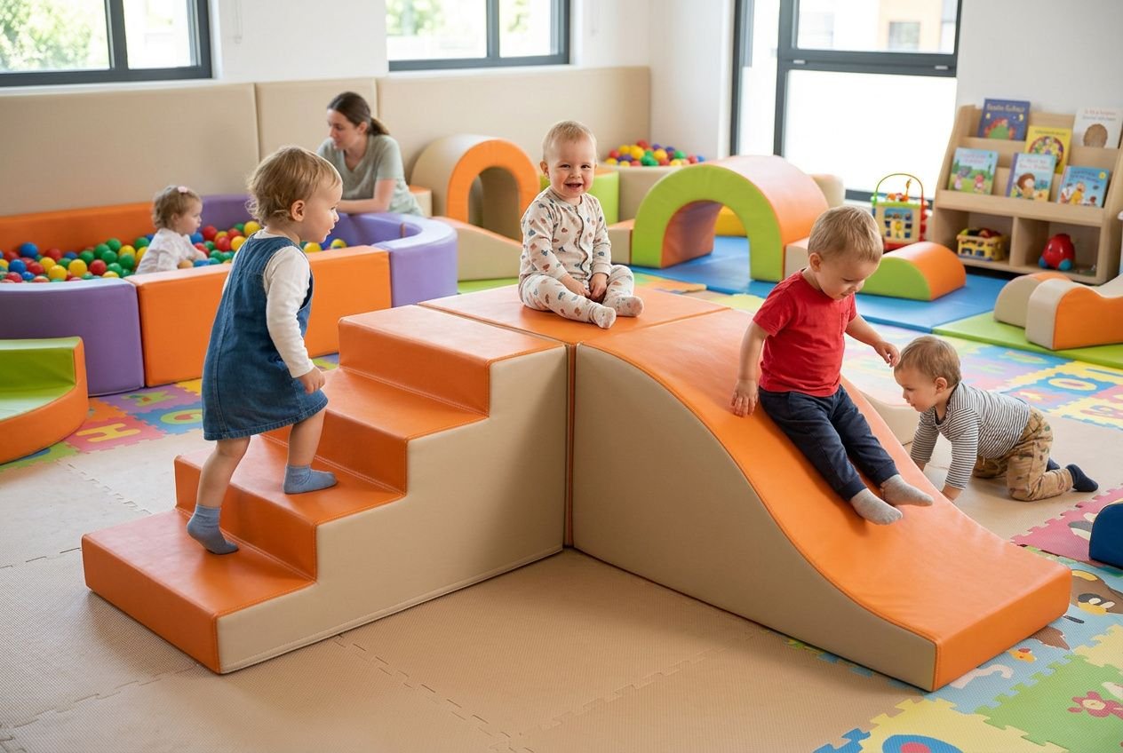 Enfants en bas âge jouant sur des structures de sécurité colorées dans une aire de jeux maternelle, avec des toboggans et un sol amortissant.