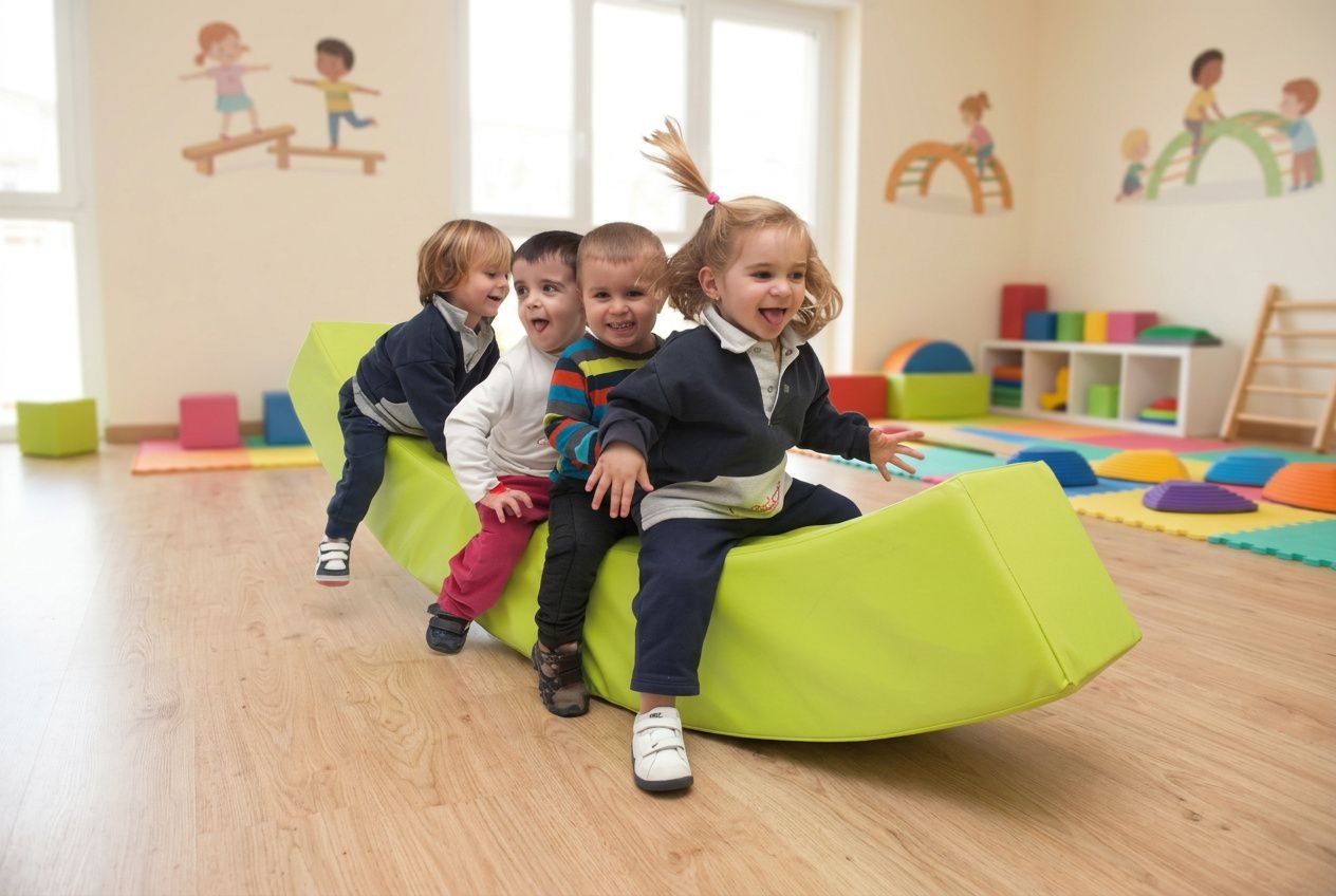 Enfants en halte-galette jaune dans une salle de jeux, souriants et assis les uns derrière les autres sur un meuble rembourré.