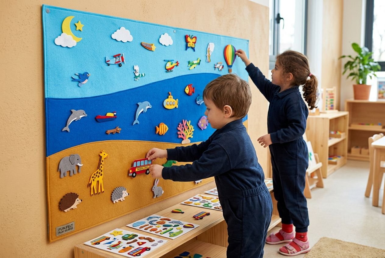 Enfants en maternelle jouant avec un panneau magnétique de motricité fine; manipulation de pièces colorées représentant animaux et véhicules, pour l’exercice motricite fine enfant 4 a.