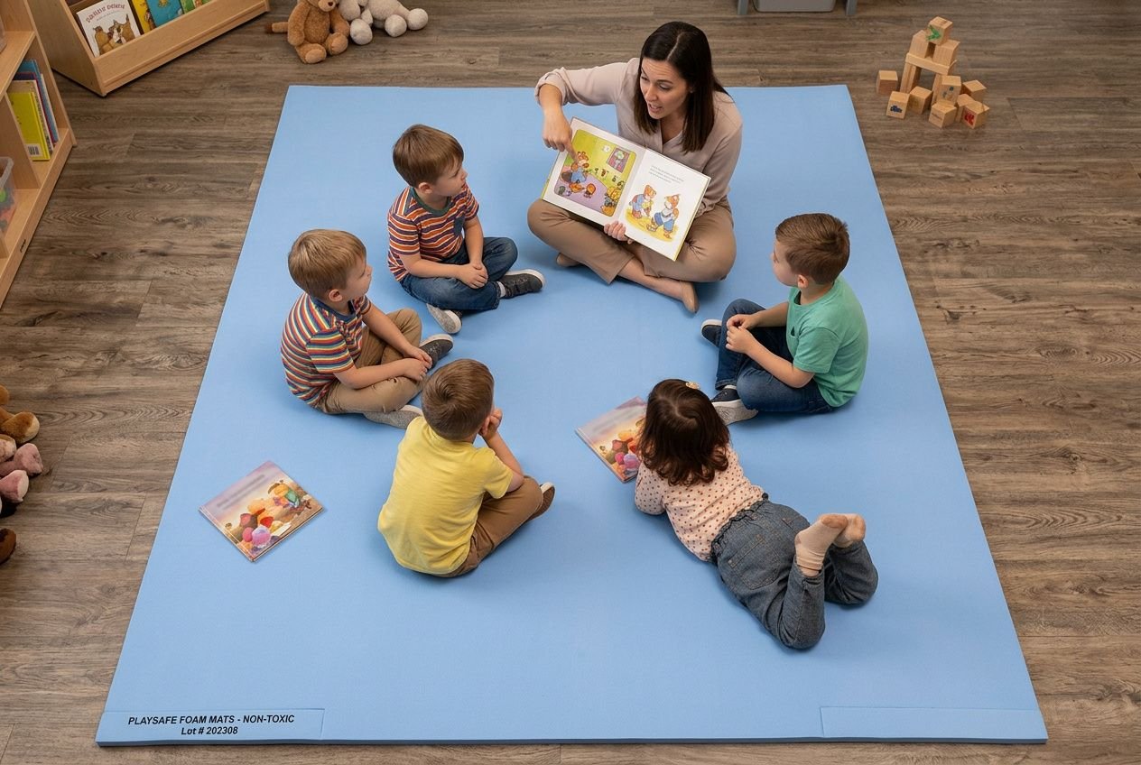 Enseignante lisant un livre à des enfants assis en cercle sur un tapis bleu, sans matériel spécifique. Jeux collectifs maternelle sans matériel.