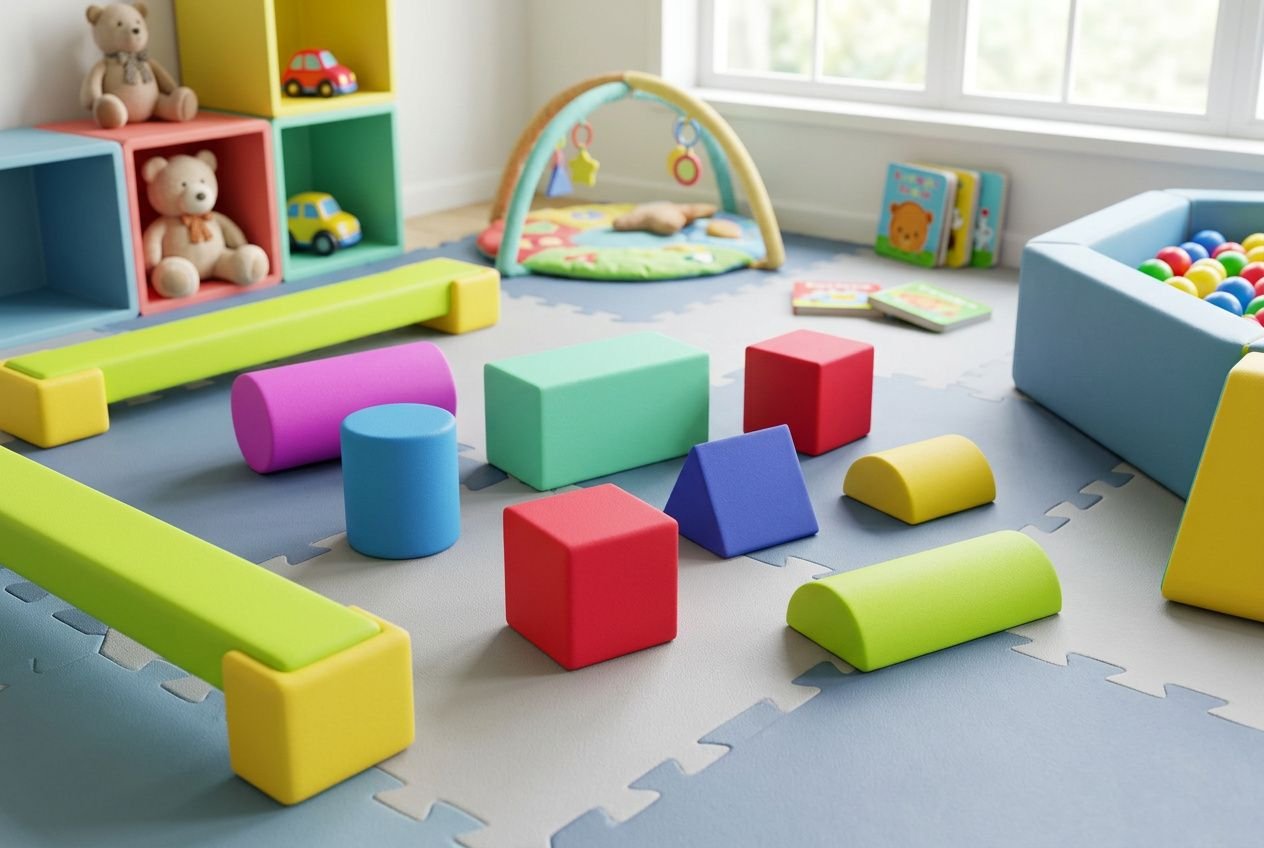 Environnement de jeu pour enfant avec blocs colorés, tapis puzzle et aire de jeux lumineuse, prêt pour aménager une aire de jeux sécurisée.