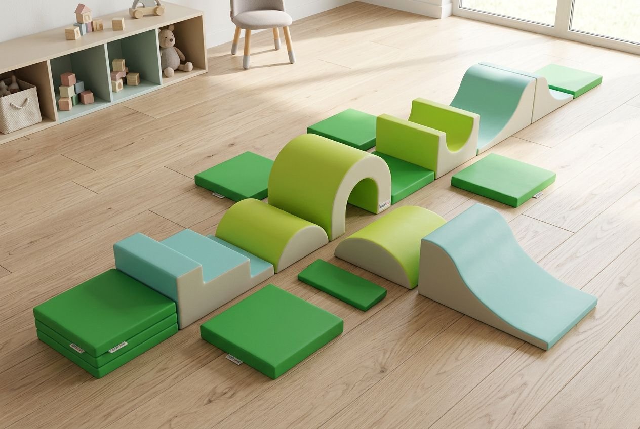 Équipement de aire de jeux pour enfant avec modules mous et verts disposés au sol en bois, prêt à être assemblé.