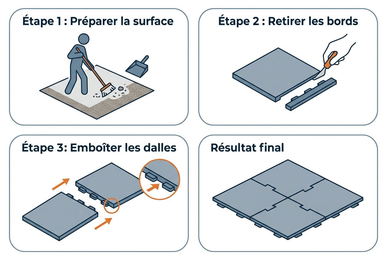 Étape 1: Préparer la surface et balai sur le sol; Étape 2: Retirer les bords des dalles; Étape 3: Emboîter les dalles; Résultat final: sol en dalles assemblées pour une salle de sport.