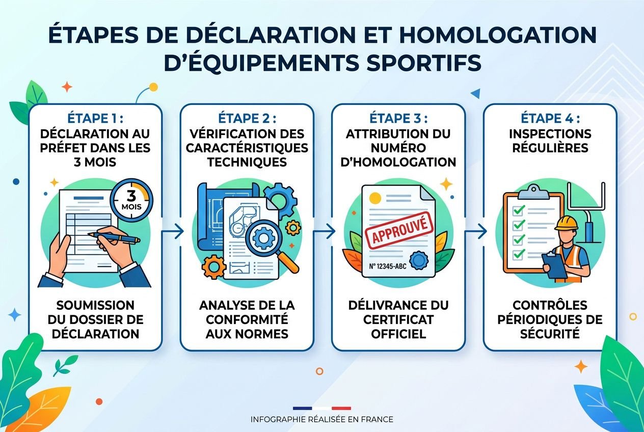 Étapes de déclaration et homologation d'équipements sportifs sur fond bleu, avec diagramme: décrire le processus d’équipement sécurité gymnase et contrôle.