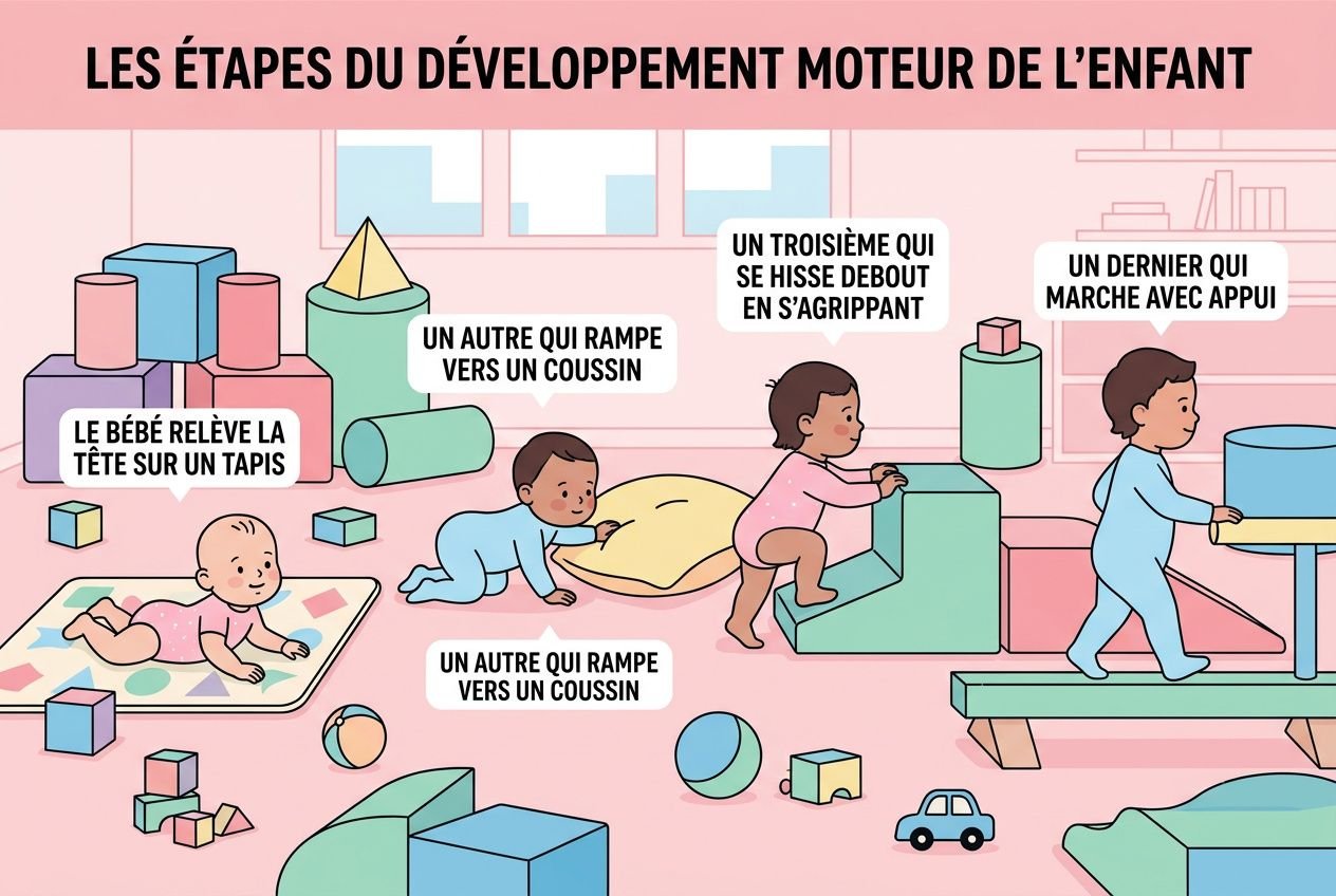 Étapes illustrées du développement moteur chez l’enfant: bébé rampe vers un coussin, autre enfant rampe vers un coussin, un troisième se hisse debout en s’agrippant, un dernier marche avec appui; jouets et tapis colorés autour. Motricité globale 0 2 a.