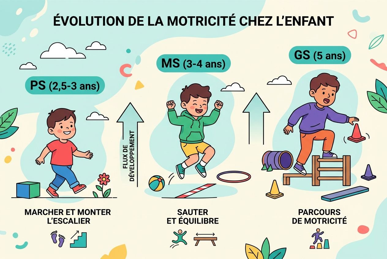 Évolution de la motricité chez l’enfant: PS (2,5-3 ans), MS (3-4 ans) et GS (5 ans) avec parcours et jeux de motricité pour la maternelle. Jeux psychomotricité maternelle intégrés.