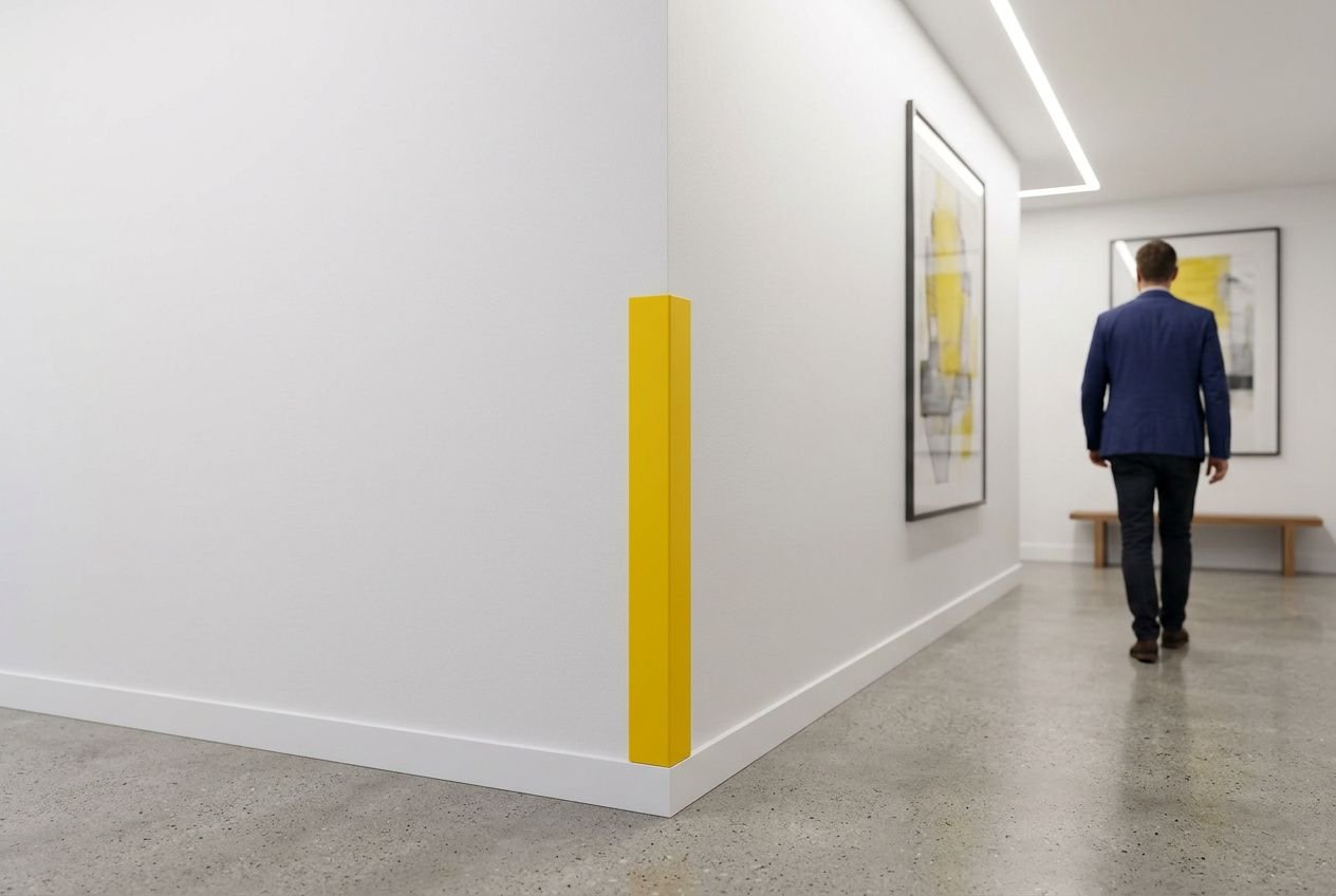 Cornière de protection murale colorée installée sur un angle de mur intérieur dans un couloir moderne.