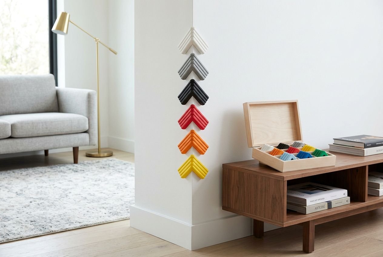 Protections d'angle colorées installées sur un coin de mur blanc dans un salon moderne.