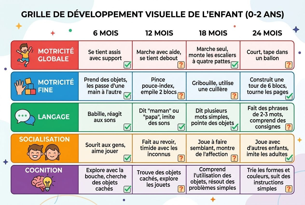 Grille de développement visuelle de l’enfant (0-2 ans) montrant les jalons par mois: 6, 12, 18 et 24 mois avec motricité globale, motricité fine, langage, socialisation et cognition. Motricité globale 0 2 a apparaît en tête des dimensions; chaque case décrit une étape motrice et des activités associées.