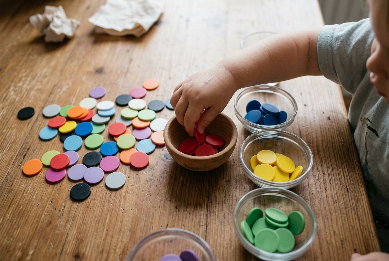 Gros plan sur des pièces colorées et un enfant manipulant des disques rouges dans un bol, sur une table en bois, illustration pour développer la motricité fine chez un enfant.
