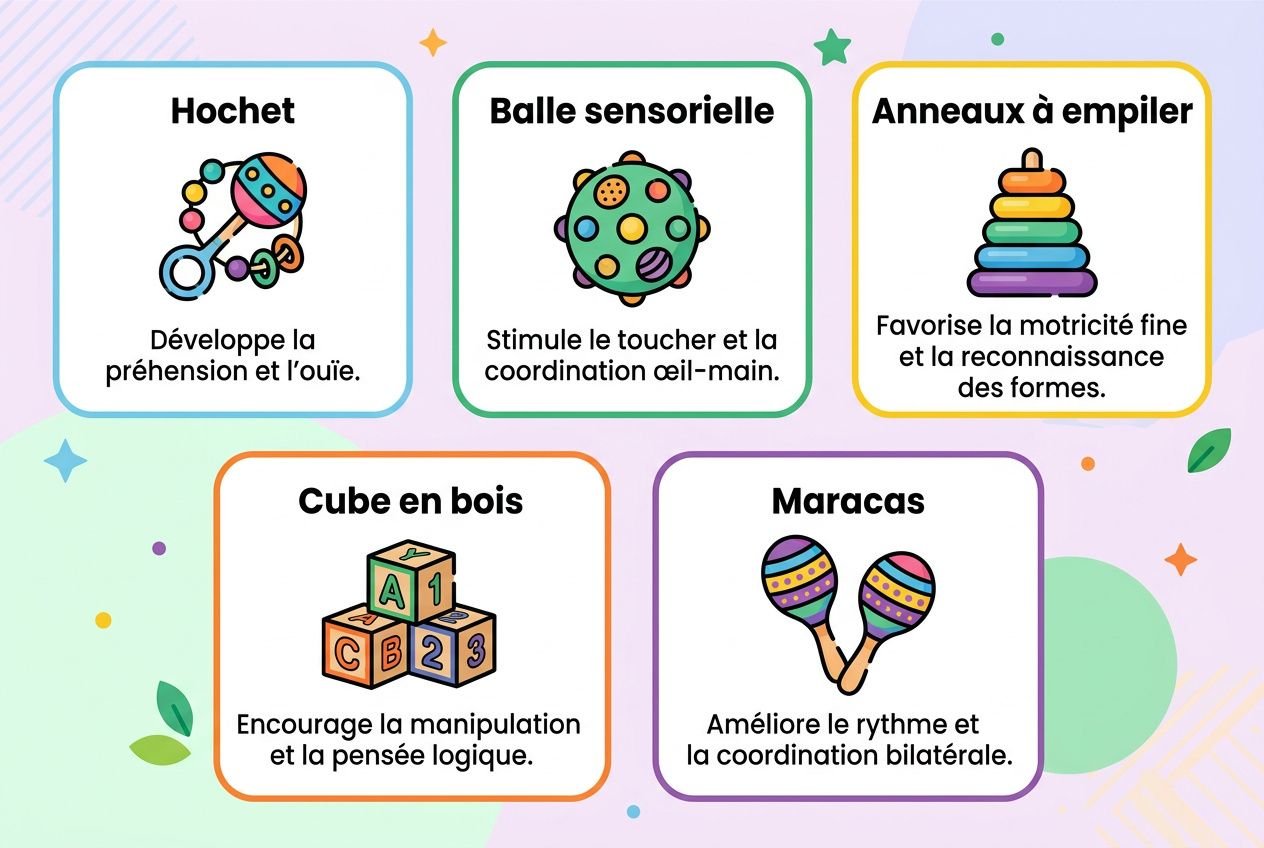 Illustration de cinq jeux motricité bébé 6 mois: hochet, balle sensorielle, anneaux à empiler, cube en bois et maracas, chacun avec des descriptions d’éveil.