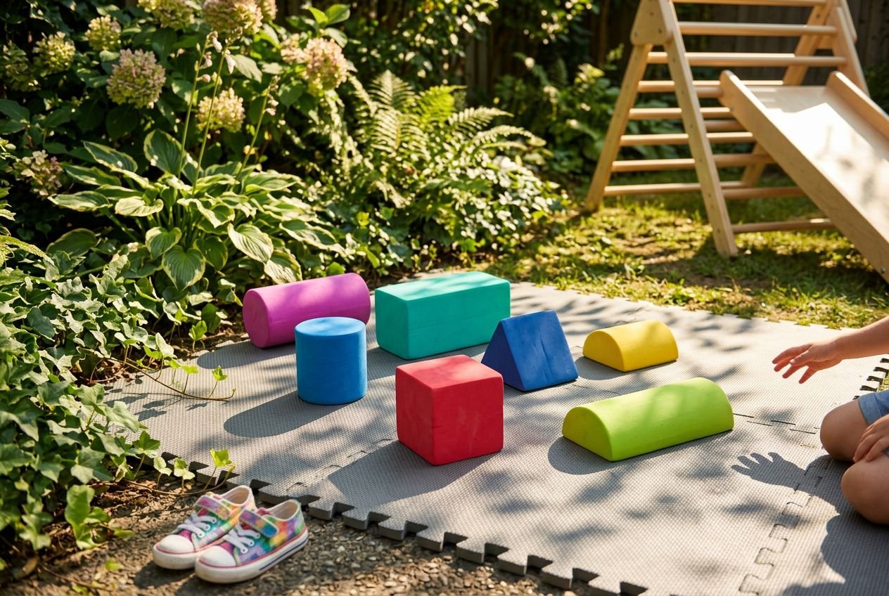 Jeu d’extérieur sur tapis molletonné avec blocs colorés et toboggan en bois en arrière-plan, idéal pour une idée aire de jeux jardin.