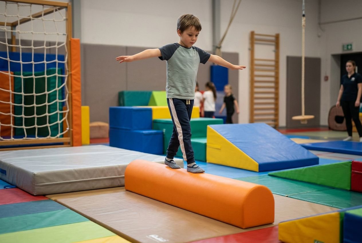 Jeu de motricité: garçon de 7 ans équilibre sur une bosse orange dans une salle d’activités, entouré d’aires de gymnastique colorées. motricité enfant 7 a intégré.