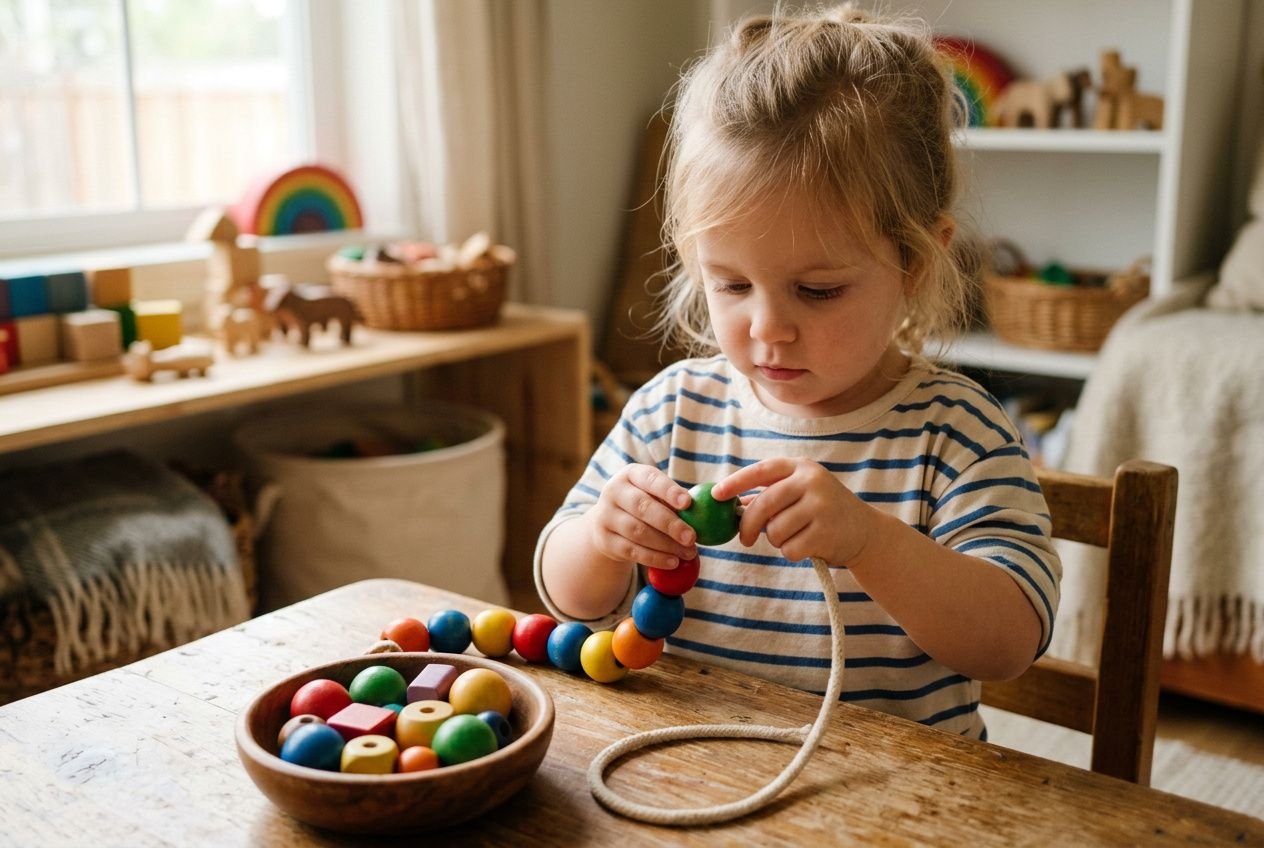 Jeune enfant alignant des perles colorées sur un cordon, développant sa motricité fine enfant 2 a.