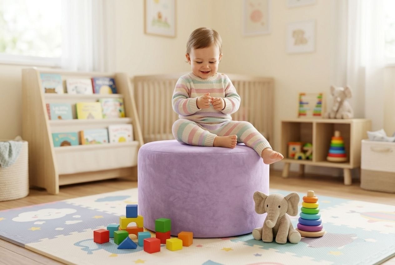 Jeune enfant assise sur un pouf violet dans une crèche, jouant avec des blocs colorés, entourée d’un tapis pédagogique et de jeux d’éveil. Aménagement de lespace en crèche cairn est suggéré.