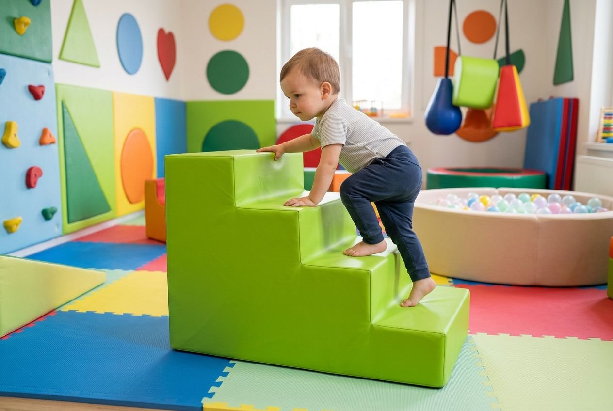 Jeune enfant escaladant des blocs verts dans une salle de jeux sensorimotrice, illustrant les 4 piliers de la psychomotricité.