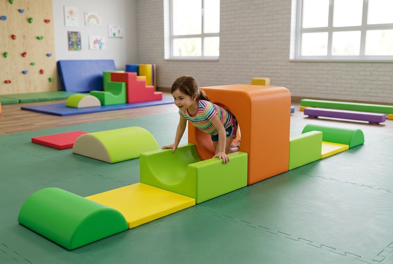 Jeune enfant grimpe sur des blocs doux colorés pour travailler sa motricité enfant 7 a dans une salle de jeux ergonomique.