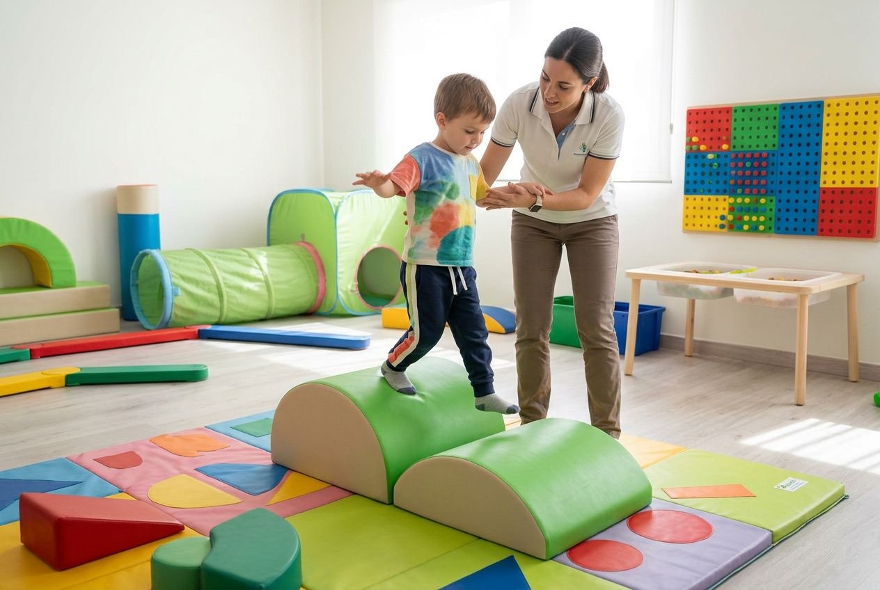 Jeune enfant en séance de psychomotricité sur des modules suivez-chemin, guidé par une pédagogue dans une salle colorée et équipée, illustrant les 4 piliers de la psychomotricité.