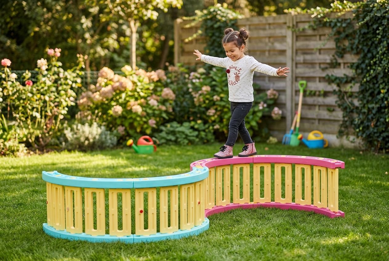 Jeune fille équilibrant et avançant sur une structure colorée en arc dans le jardin, entourée de fleurs et d’un mur en bois. idée aire de jeux jardin.