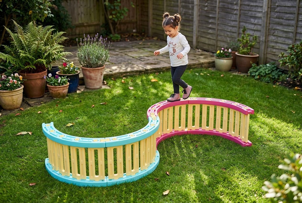 Jeune fille jouant sur une aire de jeux colorée en arc de cercle dans un jardin, entourée de pots de fleurs et d'un muret. idÄée aire de jeux intégrée.