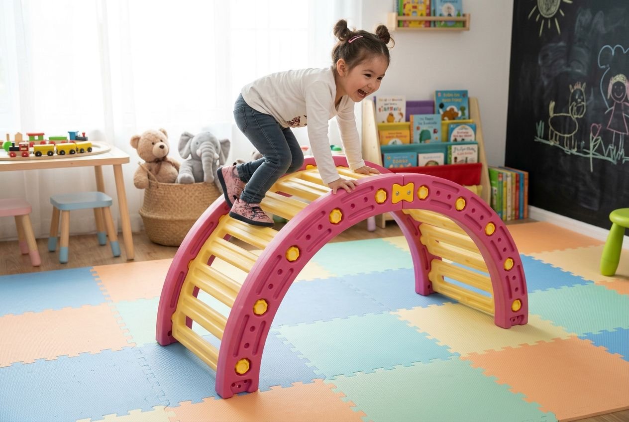 Jeune fille jouant sur un pont en arc rose et jaune, dans une salle de jeux d’intérieur colorée.