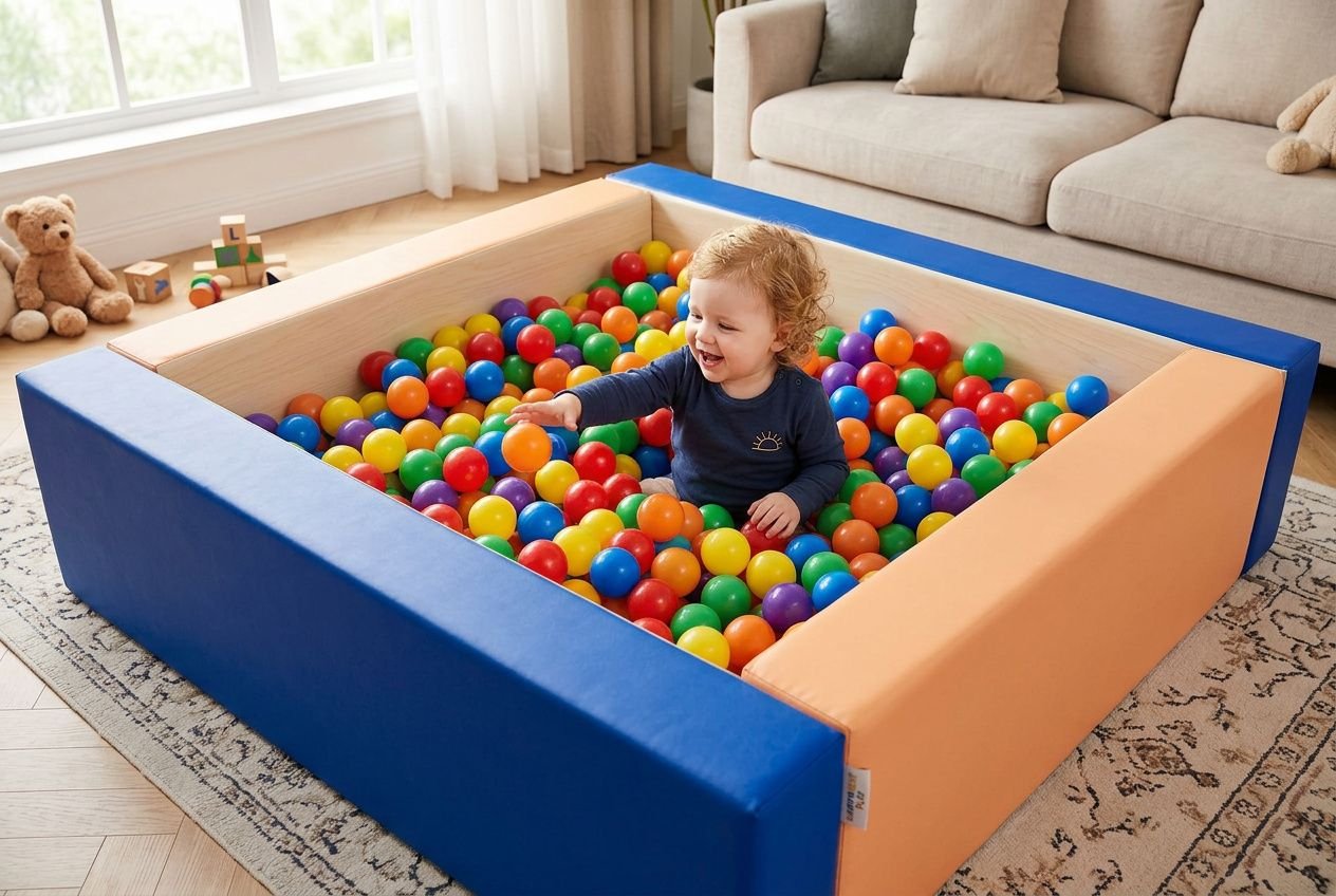 Jeux motricité bébé 1 an: bébé dans un bac à balles coloré, découvrant les couleurs et bougeant les bras, ambiance salon douillet.
