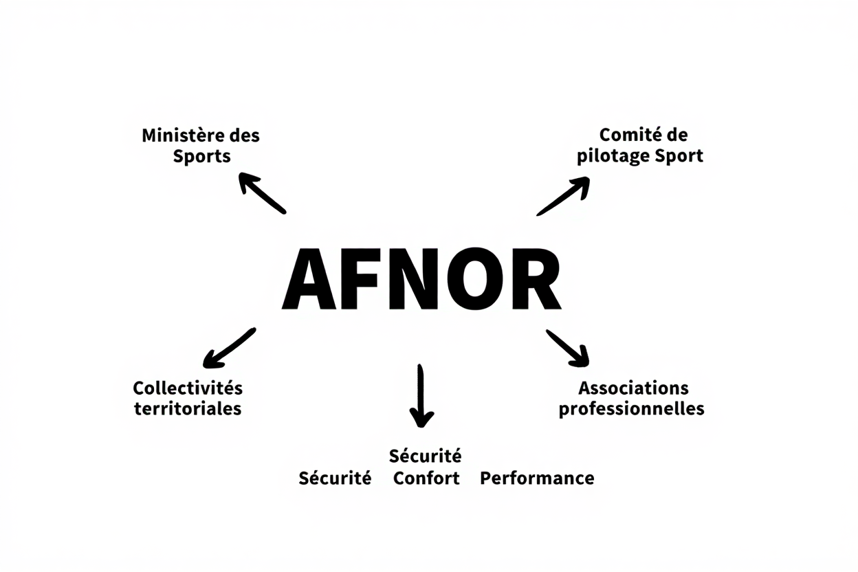 Logo AFNOR avec flèches pointe vers les acteurs: Ministère des Sports, Comité de pilotage Sport, Collectivités territoriales, Associations professionnelles; et domaines Sécurité, Confort, Performance. Intègre les mots clés: réglementations normes sécurité sportive.