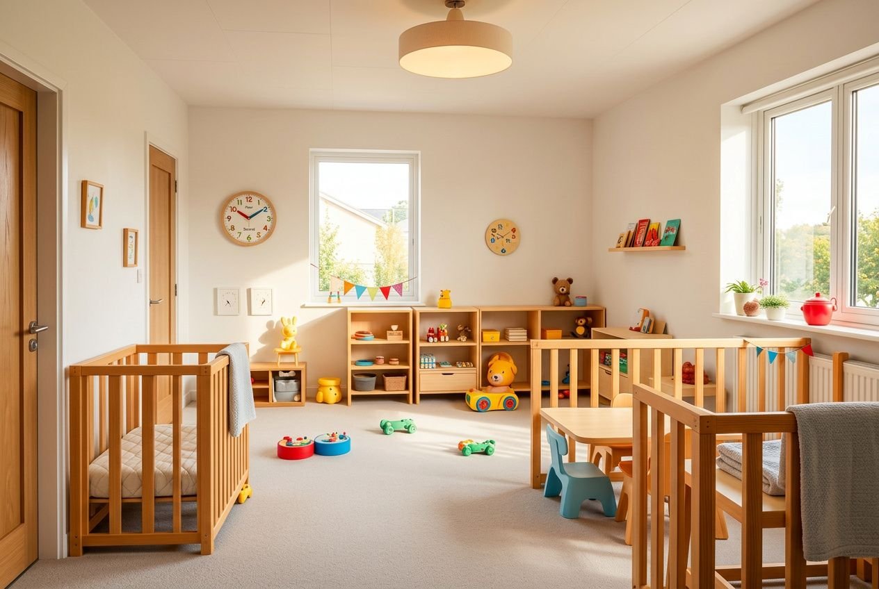 Mobilier collectivité centre de loisirs: salle de classe ou maternelle lumineuse avec lits et meubles en bois, rangements, jeux et chaises adaptées.
