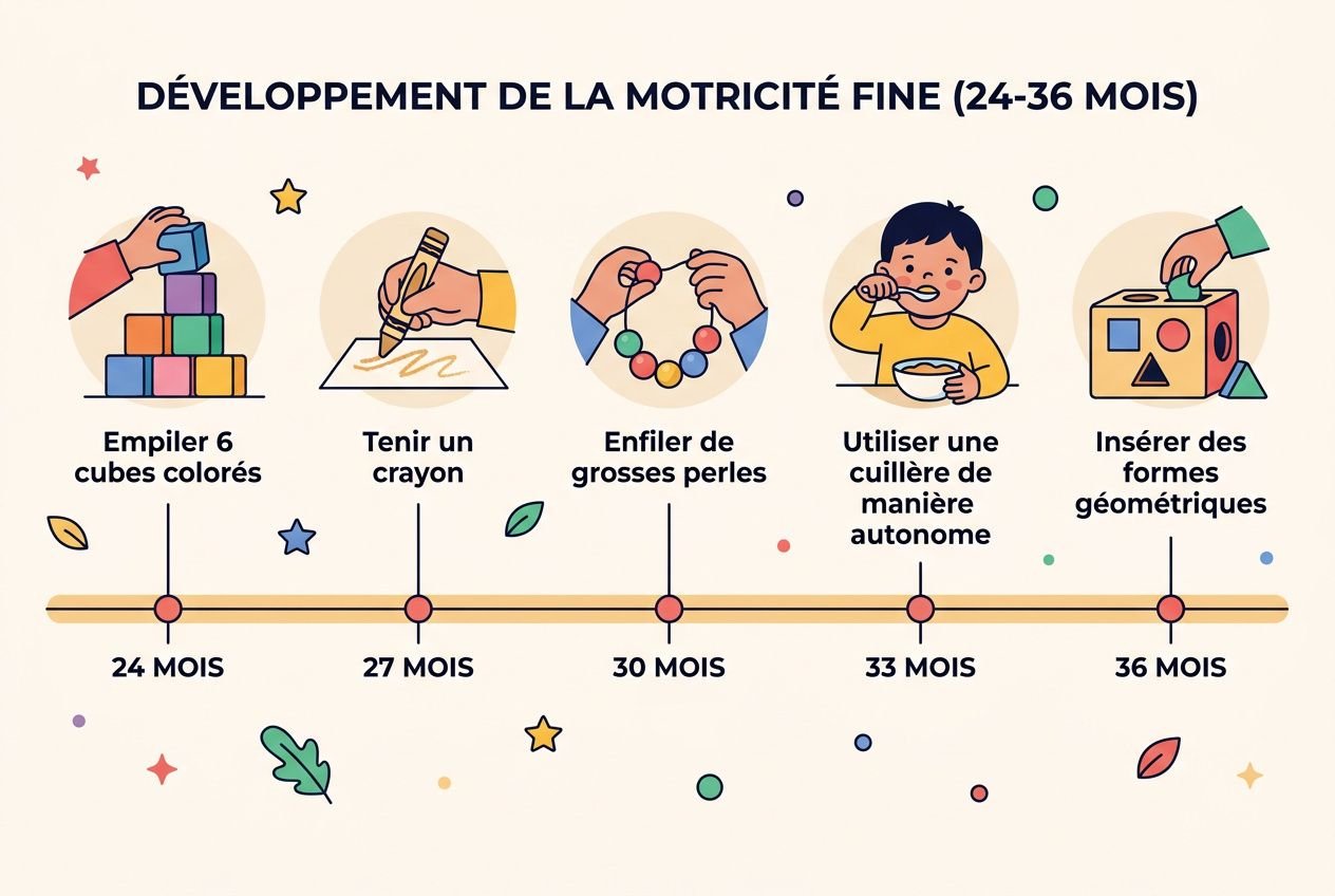 Motricité fine enfant 2 a: développement illustré de 24 à 36 mois avec activités comme empiler, tenir un crayon, enfilage de perles, utilisation d’une cuillère et insertion de formes géométriques.