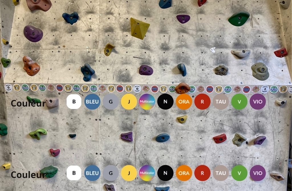 Mur d'escalade avec prises multicolores et étiquettes de couleur, reflétant la maintenance mur d escalade et les normes de sécurité.