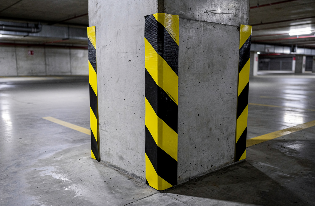 Murs et colonne du parking protégés par des bandes de mousse de protection adhésive jaune et noire anti-choc sur béton.