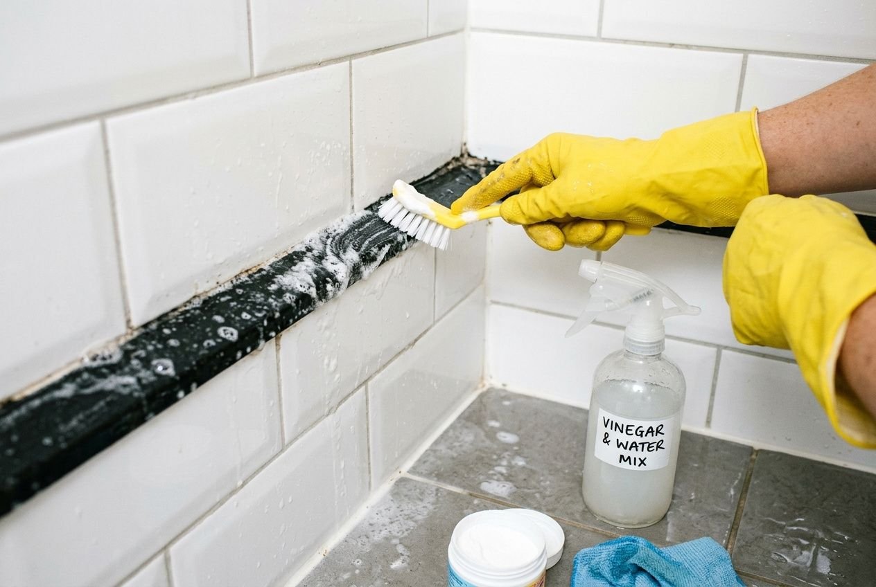 Nettoyage d’un joints de douche avec brosse et gants jaunes pour éviter les moisissures en salle de sport, spray vinaigre et eau.
