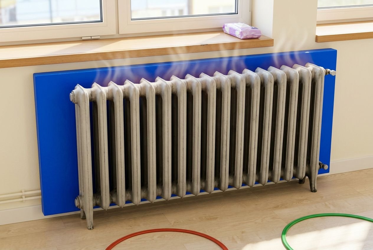 Panneau réflecteur de chaleur derrière radiateur en fonte, fixé sur un panneau bleu, pièce lumineuse avec tuyaux et cerceaux colorés au sol.