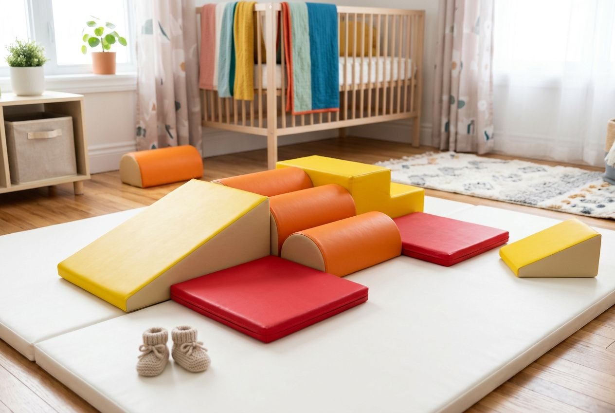 Parc de jeux doux pour bébé avec tapis et structures colorées; chaussons tricotés au premier plan, lit bébé et coussins dans la chambre. intégration : comment aider les bébés à développer leur motricité.