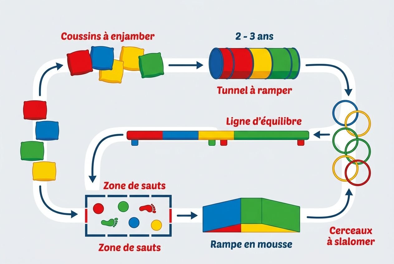 Parcours d’activités psychomotricité enfant 2 a: modules colorés, tunnel, corde à sauts et anneaux, enchaînement motricité globale.