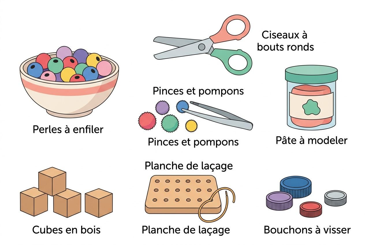 Perles à enfiler, ciseaux à bouts ronds, pinces et pompons, pâte à modeler, cubes en bois, planche de lacage et bouchons à visser pour l’activité motricité fine 3 4 a