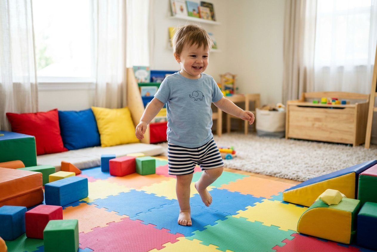 Petit enfant en bas âge marchant sur un tapis coloré, entouré de blocs et de jeux sensoriels, dans une salle de jeux. activité psychomotricité enfant 2 a intégré naturellement.