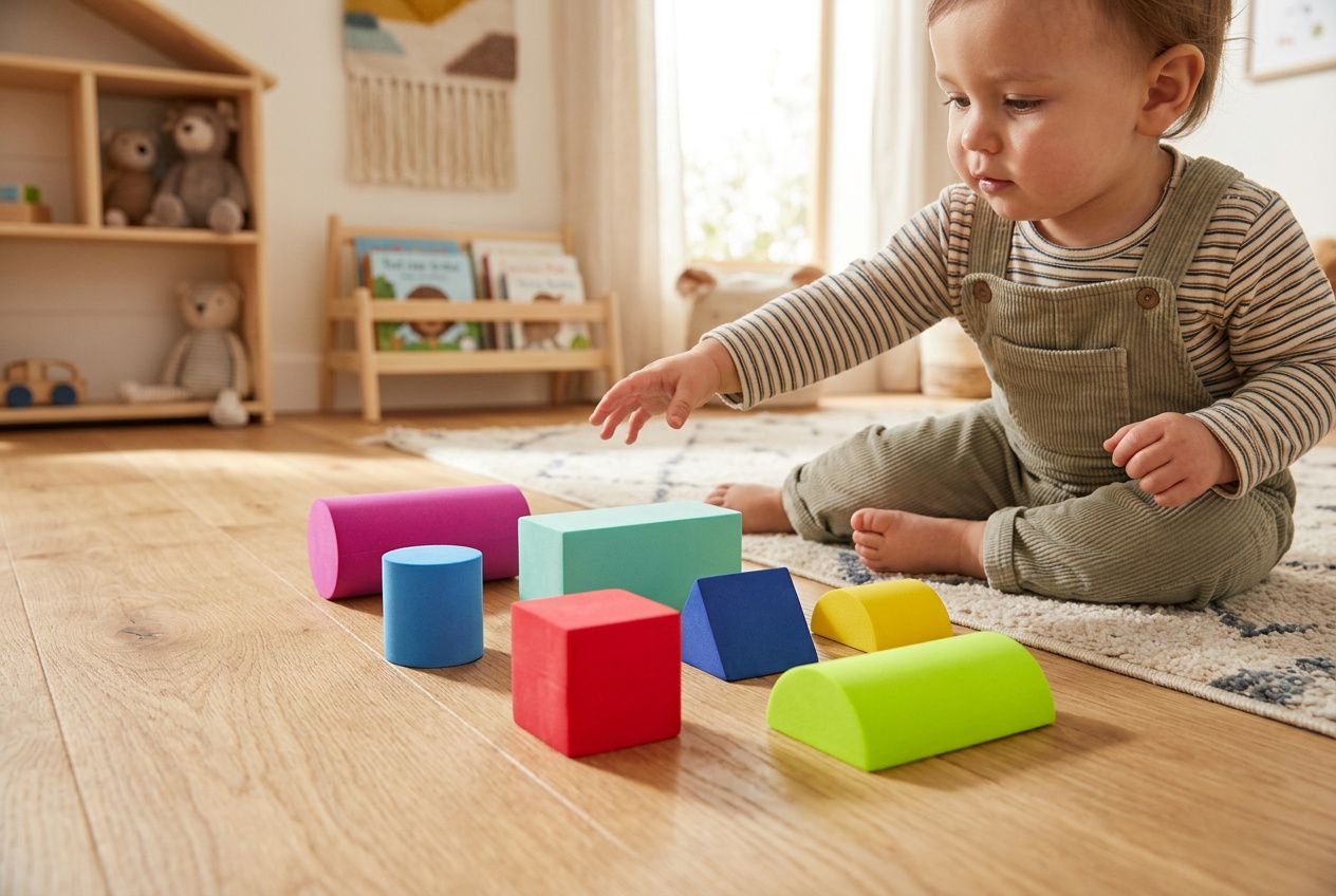 Petit enfant jouant avec des blocs de construction mousse enfant colorés sur le sol, favorisant la motricité et la créativité.